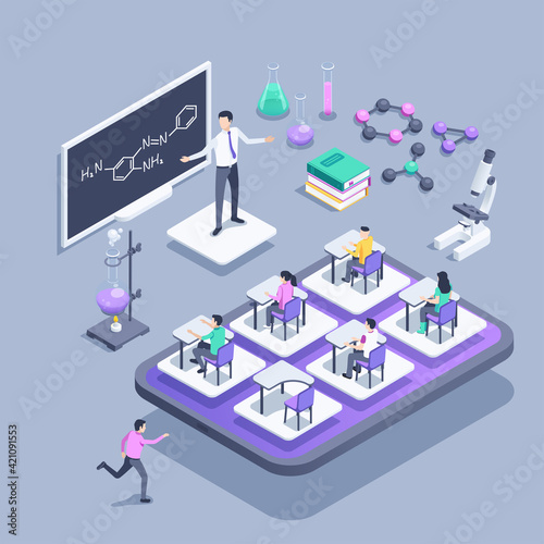 isometric vector illustration on a gray background, the teacher at the blackboard conducts an online chemistry lesson, schoolchildren at their desks on the tablet screen, remote learning