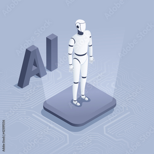 isometric vector illustration on gray background, android robot stands on electronic circuit board and the word AI, development of new technologies