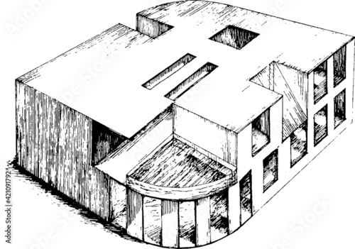 architectural concept black and white sketch. perspective monochromatic image of a residential house. 2storey building with a swimming pool on top. old fashioned draft stile illustration 