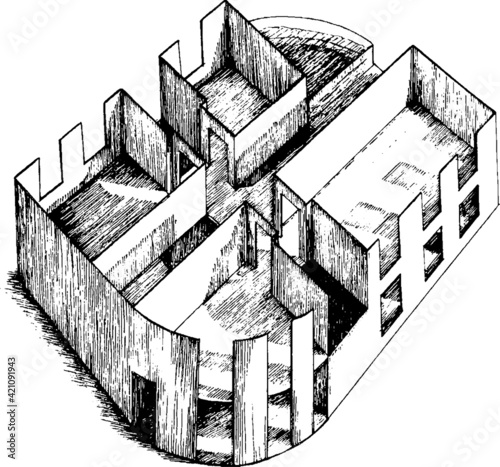 hand drawn axonometric model of a house. black and white sketchy illustration of a second floor section. Perspective architectural concept sketch. Residential housing ideas. draft 