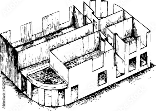 hand drawn axonometric model of a house. black and white sketchy illustration of a second floor section. Perspective architectural concept sketch. Residential housing ideas