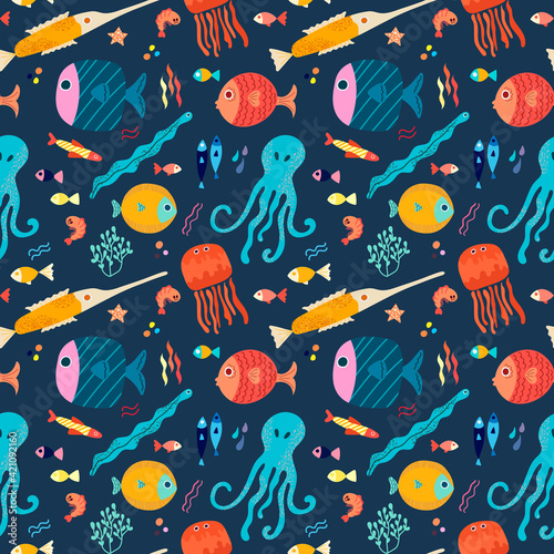 Seamless vector pattern with colorful tropical sea fish and octopus in a Scandinavian style on a blue background. Children's vector illustration for pajamas, fabrics, postcards, packaging.