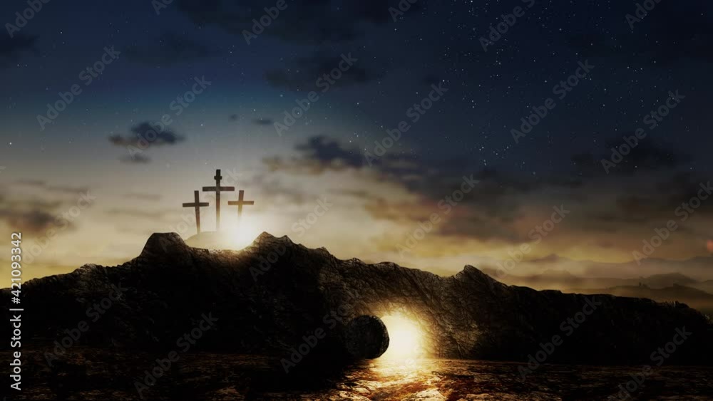 Three crosses on a hill with the Lord Jesus tomb empty and bright. Christ resurrection concept. Easter background with lights and clouds on sky. Seamless looping 4k