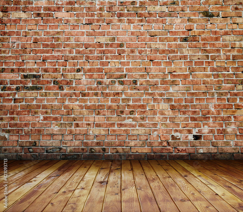 Empty Old Brick Wall Texture with wooden floor  Grungy wooden floor and old brick wall texture grunge background  Abstract Web Banner. Copy Space.