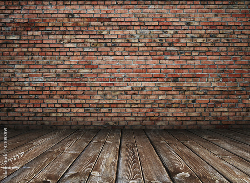 Empty Old Brick Wall Texture with wooden floor, Grungy wooden floor and old brick wall texture grunge background, Abstract Web Banner. Copy Space.