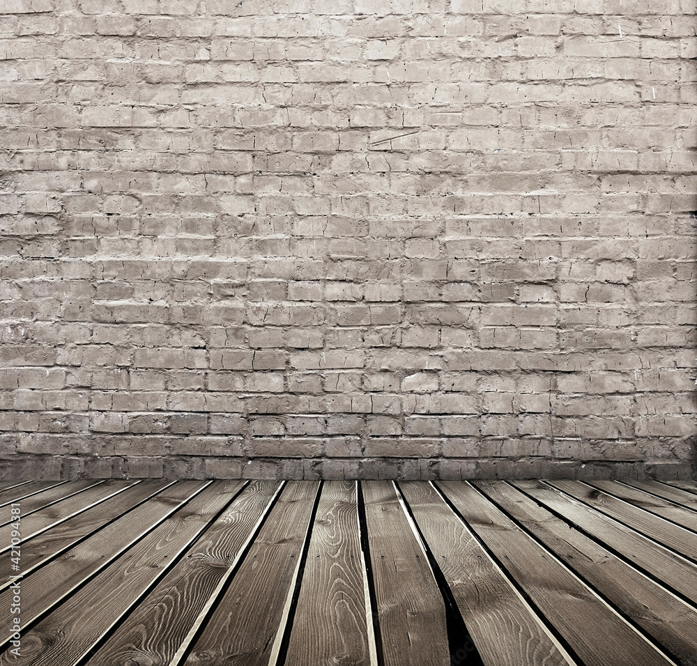 Empty Old Brick Wall Texture with wooden floor, Grungy wooden floor and old brick wall texture grunge background, Abstract Web Banner. Copy Space.