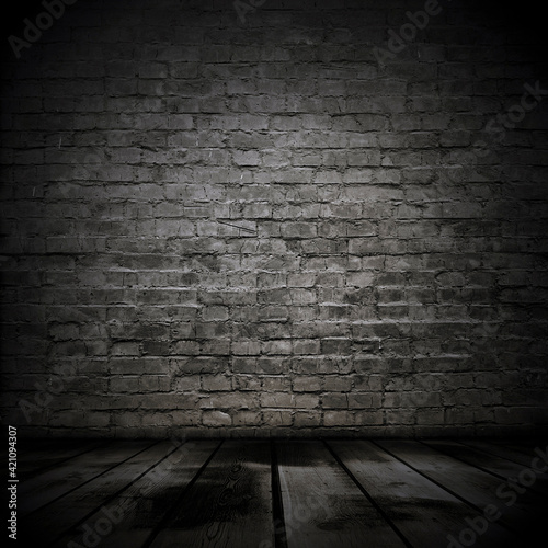 Empty Old Brick Wall Texture with wooden floor  Grungy wooden floor and old brick wall texture grunge background  Abstract Web Banner. Copy Space.