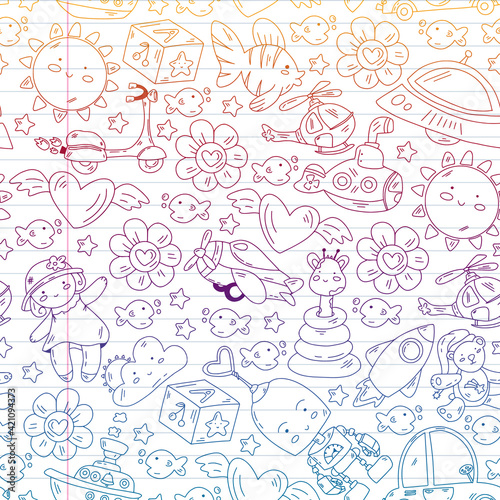Kindergarten, toys vector pattern. Little children creativity and imagination. Online education, educational games.