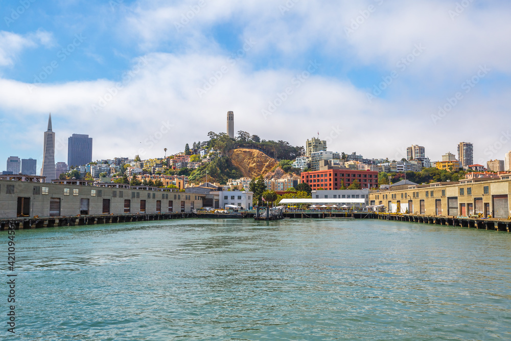 San Francisco, California, United States - August 14, 2016: Alcatraz cruise by ferry to Alcatraz island in San Francisco pier, California in the United States. San Francisco skyline on background.