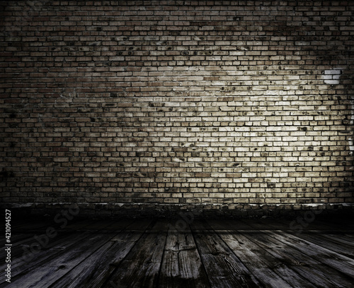 Empty Old Brick Wall Texture with wooden floor  Grungy wooden floor and old brick wall texture grunge background  Abstract Web Banner. Copy Space.