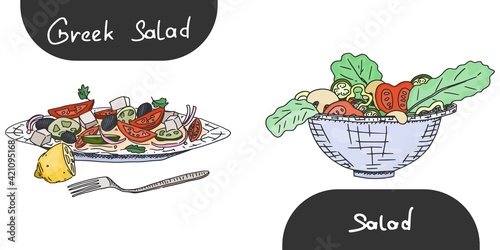 Greek salad with herbs and tomatoes. doodle sketch