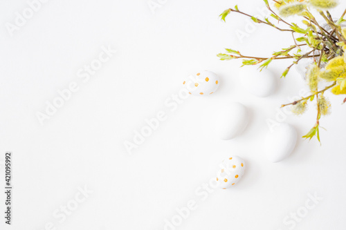 Sticker Flat lay easter composition with willow branches in a vase and easter eggs on a