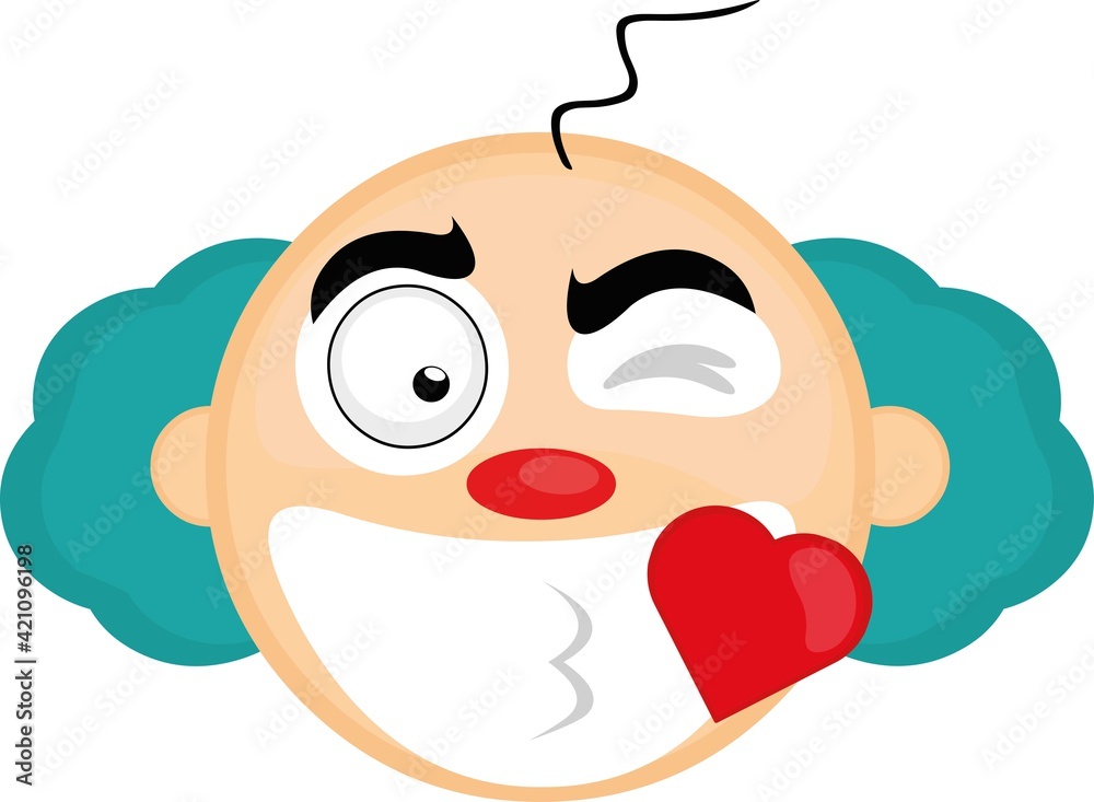 Vector illustration emoticon face of a clown with an expression of love and joy, with a wink in his eye and giving a heart-shaped kiss Vector illustration emoticon face of a clown with an expression of love and joy, with a wink in his eye and giving a heart-shaped kiss