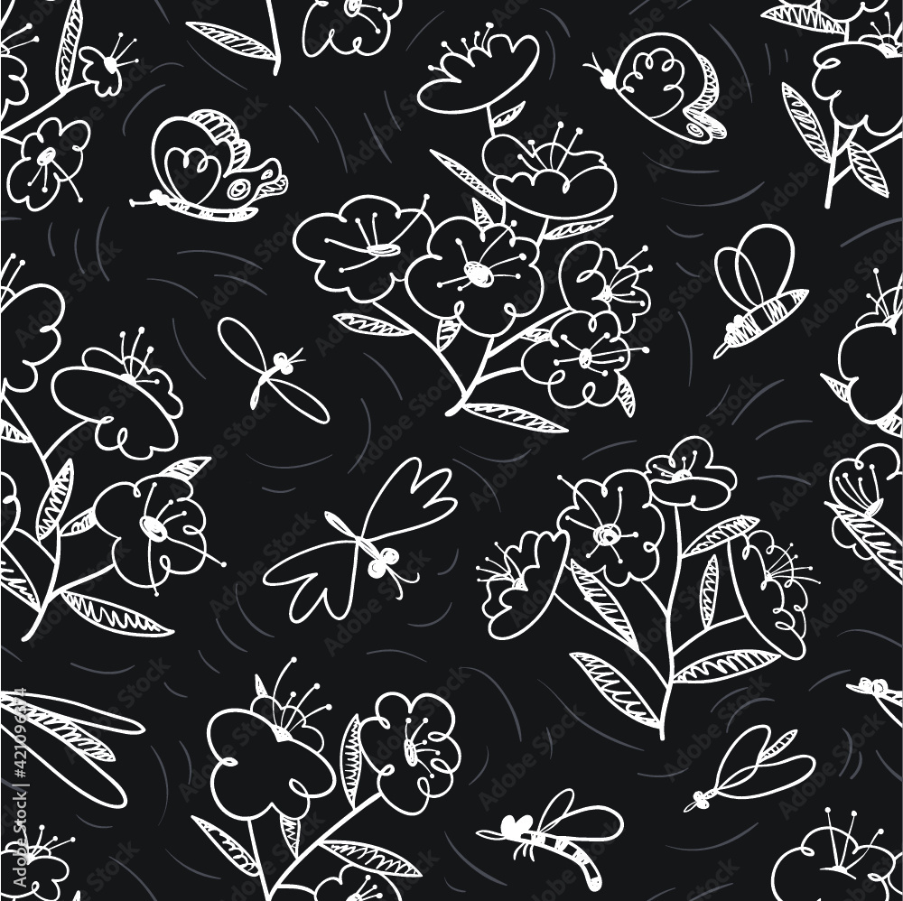 Summer seamless pattern with blossoming plants and flying insects around. Flowers and butterlies. Floral background with cute natural objects. Vector illustration in doodle sketchy style