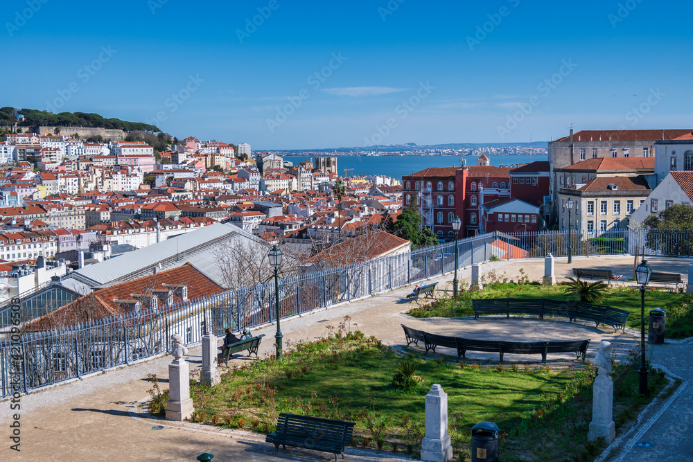 view of Sao Pedro de Alcantara viewpoint in Lisbon Downtown