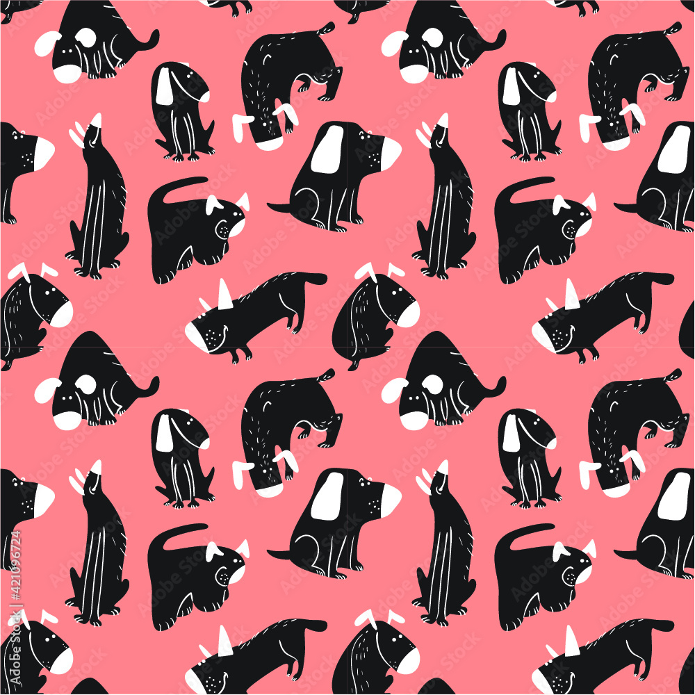Cute dogs seamless pattern. Background with pets character in doodle simple style. Vector illustration for fabric, textile, wrapping, other surfaces