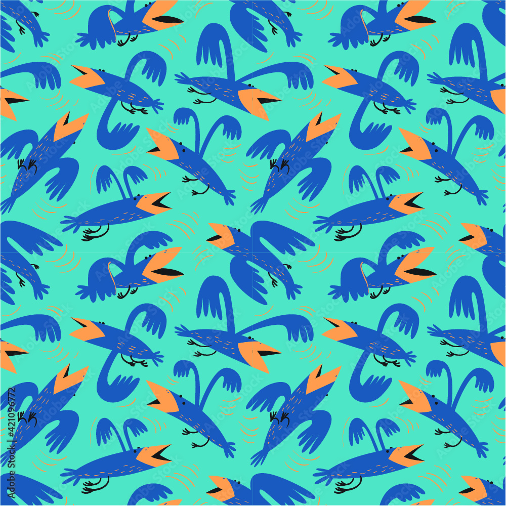 Funny birds seamless pattern.Background with flying isolated crown characters. Vector illustration in cartoon style for surface design, wrapping paper, fabric and textile Funny birds seamless pattern.Background with flying isolated crown characters. Vector illustration in cartoon style for surface design, wrapping paper, fabric and textile