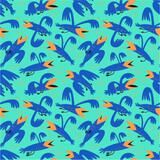 Funny birds seamless pattern.Background with flying isolated crown characters. Vector illustration in cartoon style for surface design, wrapping paper, fabric and textile