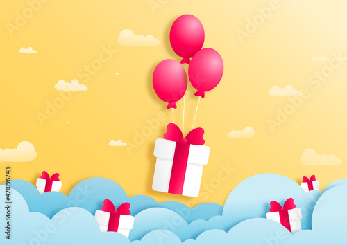Happy Birthday concept . Red balloon and giftbox with blue cloud on golden background paper cut concept.