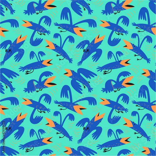 Funny birds seamless pattern.Background with flying isolated crown characters. Vector illustration in cartoon style for surface design, wrapping paper, fabric and textile