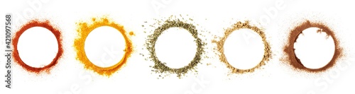 Set red paprika powder, turmeric, oregano, ginger, cinnamon  in shape circle isolated on white background and texture, top view 