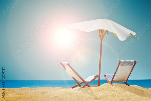 Fototapeta Naklejka Na Ścianę i Meble -  Beach umbrellas and sunbeds on the sand. Stylized cardboard beach. Paper umbrellas for cocktails in the background. The concept of rest, sea and vacation. Artificial wooden deck chairs.