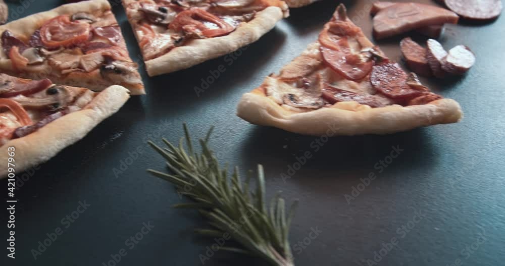 Pizza, slow motion, table, ingradents Pizza, slow motion, table, ingradents