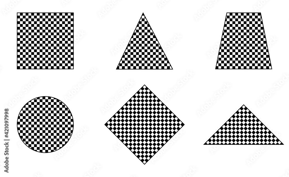 Checkered geometric figures. Square, triangle, circle, rhombus, diamond with black and white check pattern. Vector illustration of object isolated on white background.