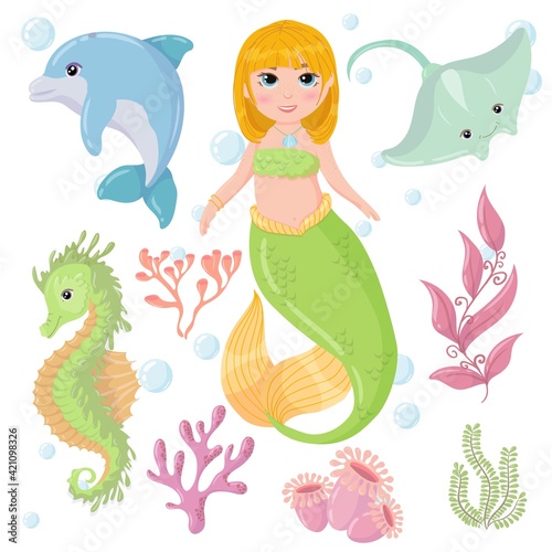 Cute cartoon mermaid with Red Hair and Green tail. Marine animals and algae. A magical creature. Vector illustration isolated on white background.