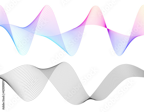 Design elements. Wave of many gray lines. Abstract wavy stripes on white background isolated. Creative line art. Vector illustration EPS 10. Colourful shiny waves with lines created using Blend Tool.