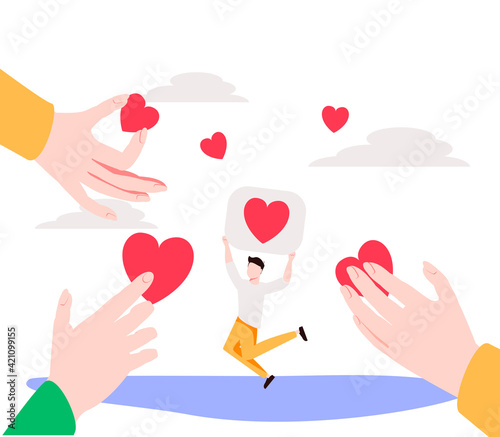 Generosity as donation support sharing tiny person concept. Heart love as help and assistance symbol for humanity organization or social funding project vector illustration. Charity volunteer campaign