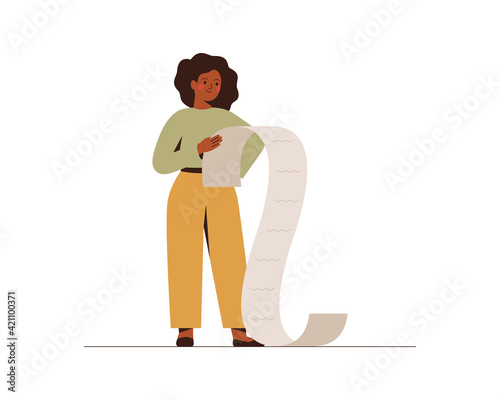 African American businesswoman holds big checklist or task paper document. Confident black female entrepreneur pleased with the productive work done. Vector illustration isolated on white background
