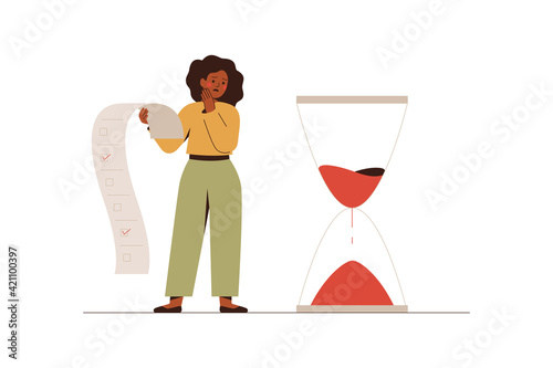 African American businesswoman looks at the hourglasses with fear and anxiety. Stressful black female has no time to do her work or project. Deadline or bad time management concept.Vector illustration