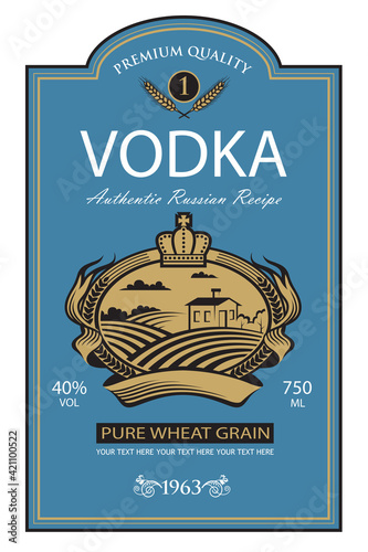 template vodka label with royal crown, field and ears of wheat in retro style