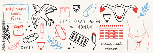 Set of hand drawn elements of women menstruation period theme, feminine hygiene products as pads, menstrual cups, etc.