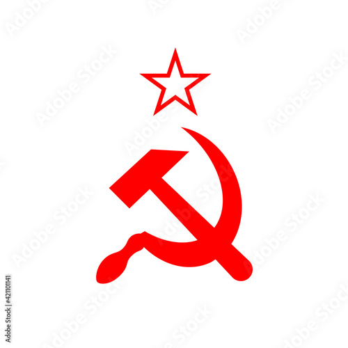 Red soviet sickle and hammer, communist USSR symbol on white