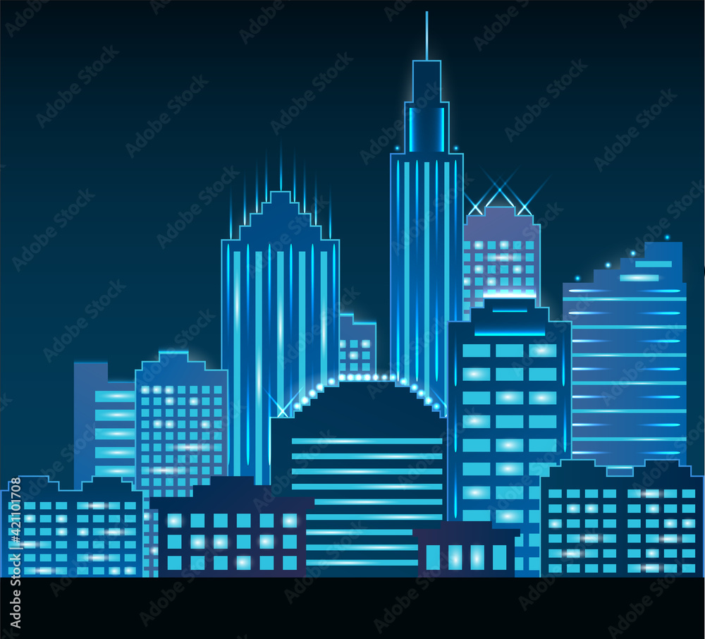 Modern buildings of the metropolis. Vector night landscape in neon colors. Modern urban skyline with futuristic skyscrapers.