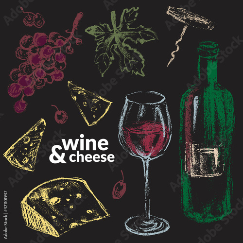 Foto Red wine bottle, corckscrew, grapes, vine leaf, glass goblet, cheese