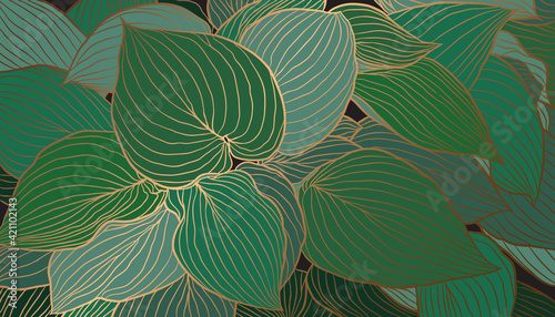 Fototapeta Naklejka Na Ścianę i Meble -  Emerald green and copper metallic leaves hand drawn background vector. Luxury art deco wallpaper design for print, poster, cover, banner, fabric, wrapping.