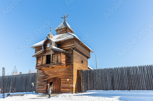 The Spasskaya (Saviour tower) of Ilimsk Ostrog town  in architectural and ethnographic Museum 