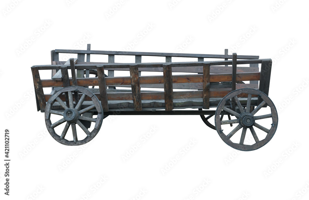 Fototapeta premium Old decrepit horse-drawn carriage, made of wood, on a white background in isolation