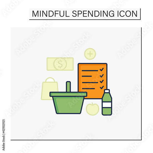 Shopping list color icon. Make shopping list. Planning buying. Only needed products. Thoughtful spending money. Mindful spending concept.Isolated vector illustration