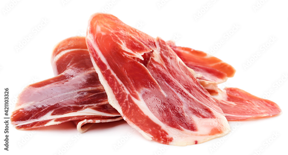 Heap of jamon slices on a white background. Isolated
