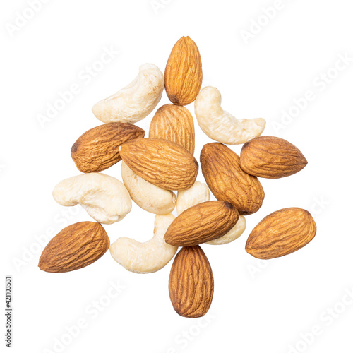 cashew and almond nuts isolated on white background. nuts variation cut out