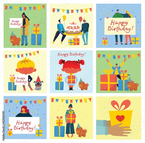 Happy birthday party background. Happy group of people celebrate on a bright background. Vector illustration