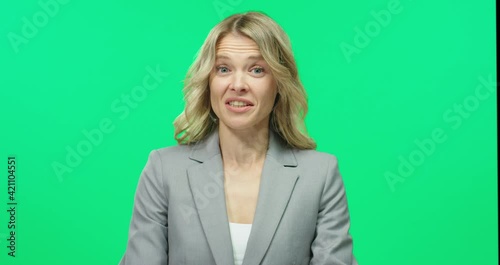 Cheerful positive blonde female TV presenter in gray jacket greets audience and starts broadcast with good news.