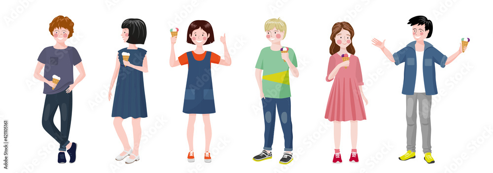 Boys and girls stand and eat ice cream. Children communicate. Teen relationship. Boys and girls stand and eat ice cream. Children communicate. Teen relationship.