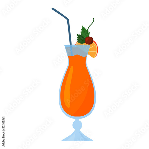 Cocktail in a tall glass with a slice of orange and a cherry berry. Cartoon vector illustration. Isolated on a white background. Flat style.