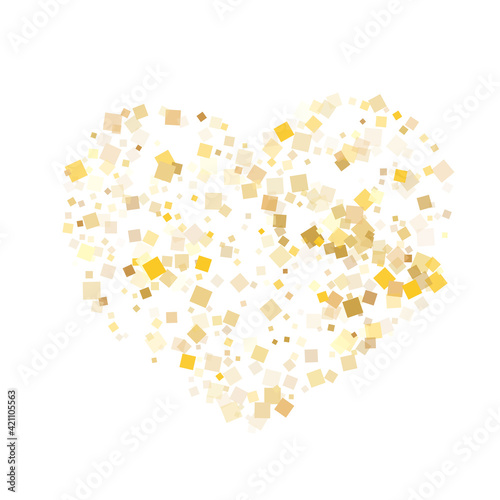 Glossy gold square confetti tinsels scatter on white. Shiny New Year vector sequins background. Gold foil confetti party elements space. Light dust particles invitation backdrop.