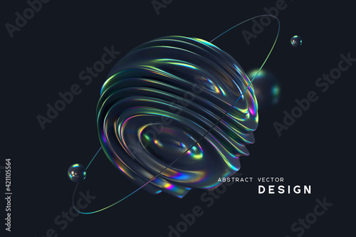 3d wavy fluorescent sphere arounded ring and balls. Abstract shapes with thin film effect. Liquid multicolor background, iridescent glossy waves. Vector illustration.